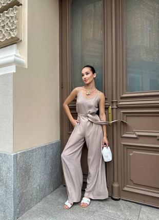 Літній брючний лляний комбінезон з поясом