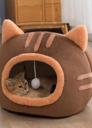Домик лежанка для кошек собак круглая теплая серый 40 см
