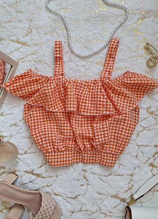 Летний хлопковый топ в клетку оранжево оранжевый с белым с воланом