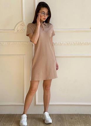 Спортивное платье поло короткое мини с лампасом s-xl (42-50) бежева, оранжева (оранжева)6 фото