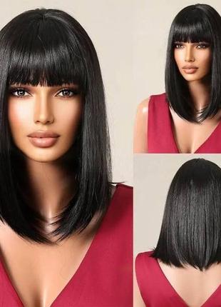 Черный парик кератин клеопатра с челкой
