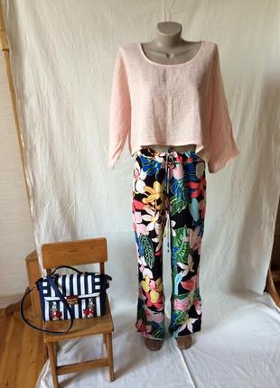 Жіночі літні широкі штани натуральні квітковий принт