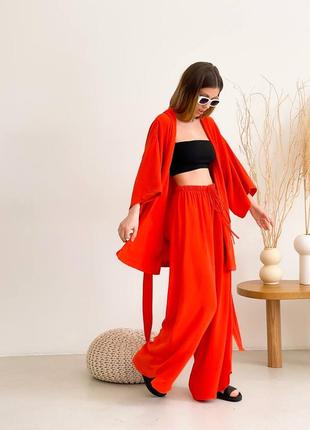 Яркий костюм кимоно под пояс и штаны брюки лен