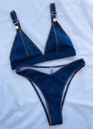 Купальник джинсовий синій трикутник з чашками високі завищені плавки жіночий бразиліана2 фото