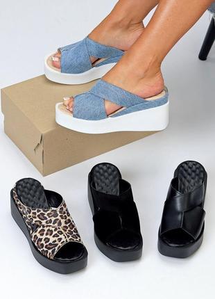 Удобные кожаные сабо шлепанцы леопардовые натуральная кожа на танкетке тренд 2024 принт лего