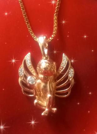 Цепочка с кулоном "ангелочек", медсплав покрытия золотом пробы 585/18к с цирконами