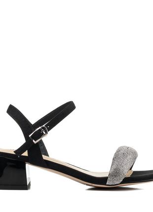 Вечерни�е босоножки замшевые со стразами на широком невысоком и удобном каблуке черные модн...