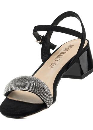 Вечерни�е босоножки замшевые со стразами на широком невысоком и удобном каблуке черные модн...