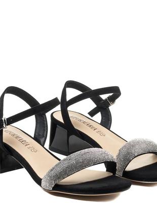 Вечерни�е босоножки замшевые со стразами на широком невысоком и удобном каблуке черные модн...