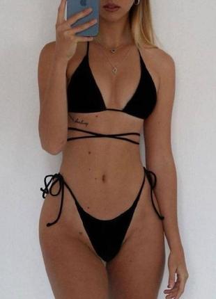 Трендовый базовый женский новый раздельный купальник на завязках🔥 черный, белый, розовый