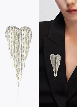 Шикарная блестящая брошь сердце стразы, брошка серебряное сердце стразы