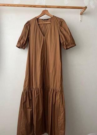 100% хлопковое платье zara карамель с рукавами фонариками, оборкой, вырезом, плотная, длинная, макси, обмен