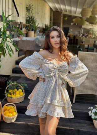 Бело-бежевое премиальное платье мини нежное, пышное с м л 42 44 46