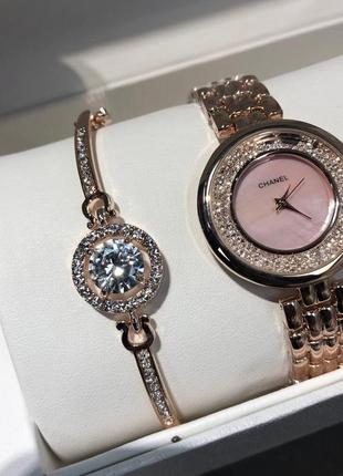 Подарунковий набір chanel bracelet/watch/earrings gold6 фото