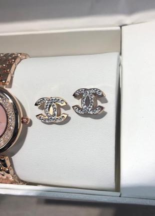 Подарунковий набір chanel bracelet/watch/earrings gold8 фото