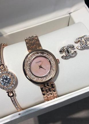 Подарочный набор chanel bracelet/watch/earrings gold5 фото