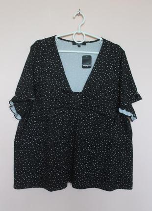 Черная в белые горошки эластичная батальная блузка, блуза праздничная батал 56-58 р.