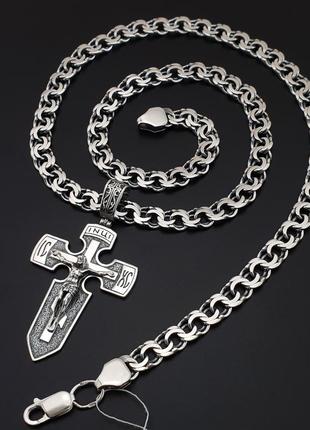 Срібна цепочка з хрестиком чоловіча масивна. освячений хрест срібло "меч" і ланцюжок бісмарк. довжина 55 см