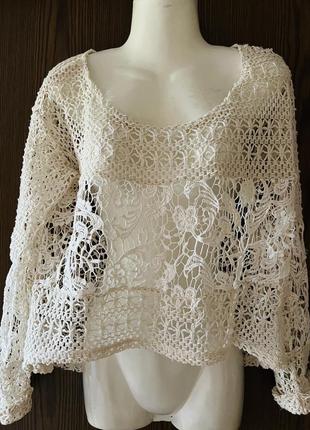 Итальянская кружевная кофточка, блузка в стиле кроше  оригинальный топ, футболка бохо , оверсайз из натурального хлопкового кружева размер s,m,l