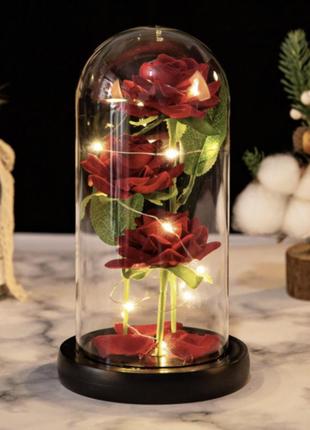 Тройная вечная роза в колбе на батарейках с led подсветкой красная подарок для девушки на новый год рождество