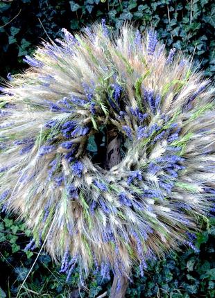 Декоративний вінок з жита, лаванди та розмарину, ароматний оберіг для дому, 65 см