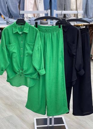 Костюм сорочка штани вільного крою зелений чорний костюм черный трава рубашка брючки