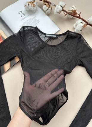 Боди черное прозрачное сеточка с длинными рукавами