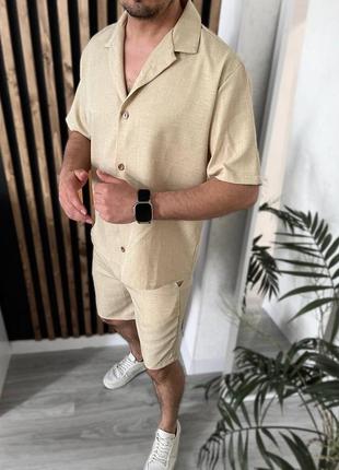 Стильный льняной мужской солидный костюм рубашка и шорты летний комплект из натурального льна
