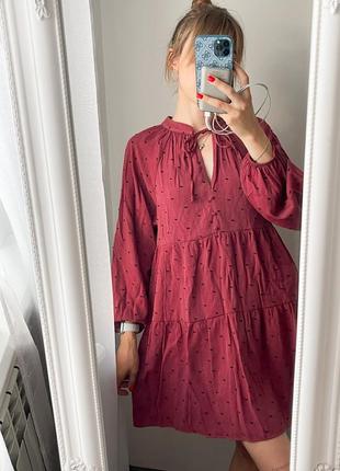 Бордовое платье мини, платье в горошек zara