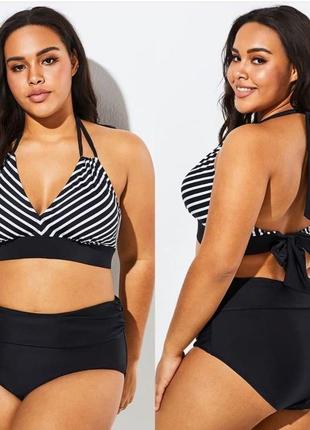 Роздільний купальник високі трусики шорти топ геометричний малюнок на завязках спинка