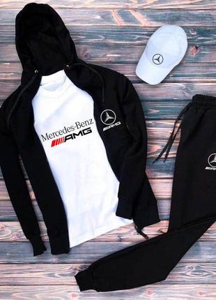 Худі зіпер + футболка + спортивні штани + кепка спортивний костюм високої якості весна з принтом мерседес