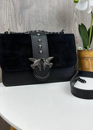 Замшевая женская мини сумочка клатч на плечо, сумка для девушек с птичками на цепочке8 фото