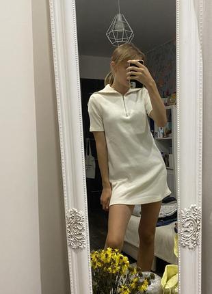 Молочное платье поло в рубчик, белое платье мини, платье zara