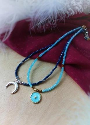 Лунница полумесяц словянский оберег чокер гематит ожерелье колье синий металлик серебристй подвеска5 фото