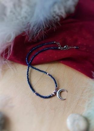 Лунница полумесяц словянский оберег чокер гематит ожерелье колье синий металлик серебристй подвеска3 фото