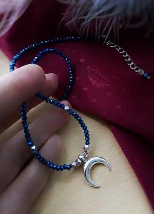 Лунница полумесяц словянский оберег чокер гематит ожерелье колье синий металлик серебристй подвеска1 фото
