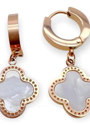 Сережки з білою конюшиною з медичного золота stainless steel, xuping позолочені