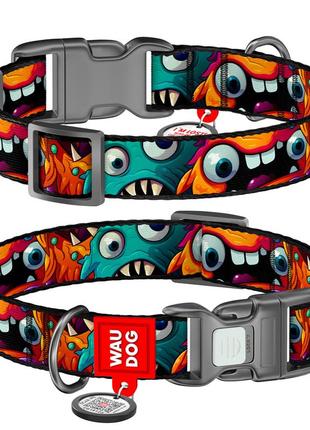 Нашийник для собак нейлоновий waudog nylon з qr паспортом, малюнок "зубасті монстри", пластиковий фастекс, xl,