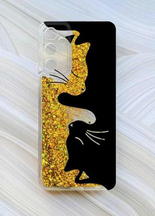 Чехол с плавающими блестками на samsung galaxy a24 (a245) золотой :: кошечки (принт 118)