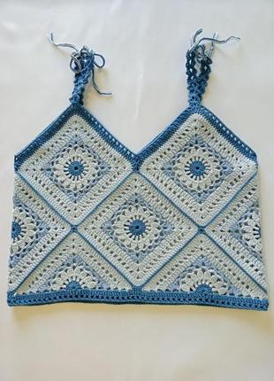 Кроп топ вязаный в стиле бохо ручной работы хендмейд квадратный мотив handmade цветочный узор ручная вязка хлопок