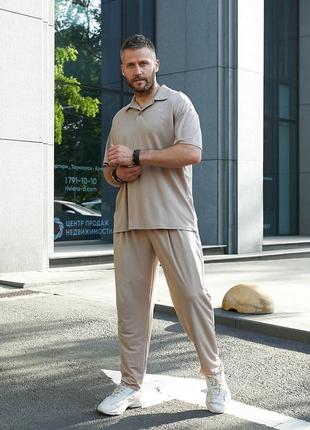 Удобный мужской легкий комплект футболка поло с воротником и брюки из вискозы костюм летний