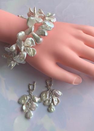 Трендове намисто та сережки з натуральних пелюсткових перлів і срібла "квітка лотоса"5 фото
