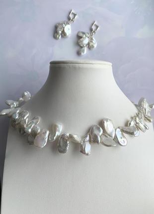 Трендове намисто та сережки з натуральних пелюсткових перлів і срібла "квітка лотоса"3 фото