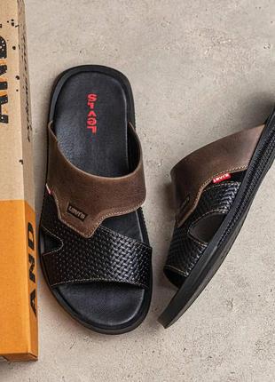 Мужские шлепанцы levis, шлепки, сланцы натуральная кожа, мужественные кожаные шлепанцы сланца