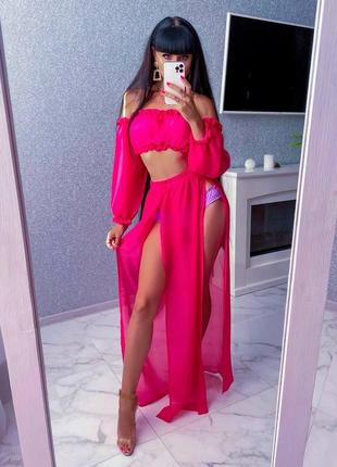 Костюм жіночий літній шифоновий топ з відкритими плечима та спідниця з розрізами розм. 42-46