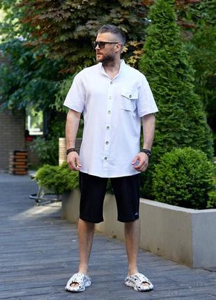 Льняной мужской летний костюм рубашка и шорты свободного кроя комплект из льна