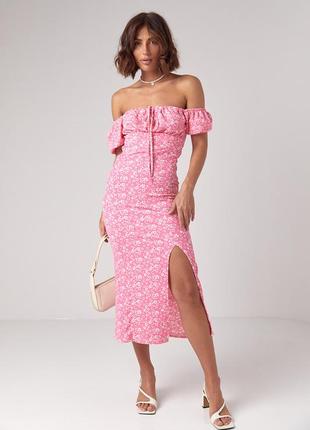 Літнє мідіплаття у квіточку з відкритими плечима — рожевий колір, l (є розміри)