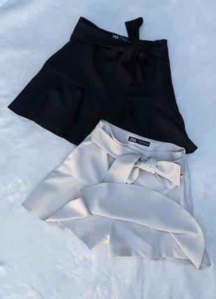 Юбка шорты зара zara с завязкой бантом спереди бежевая