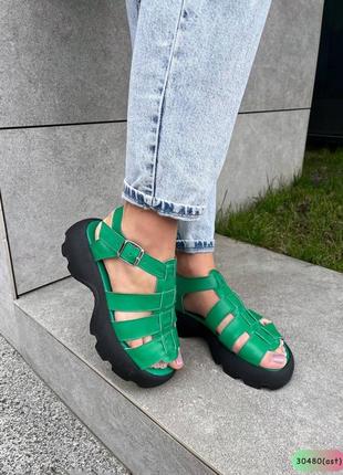 🔥босоножки в стиле переплет зеленая кожа.