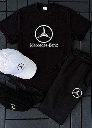 Мужской комплект костюм 4в1 футболка шорты кепка бананка черный mercedes benz